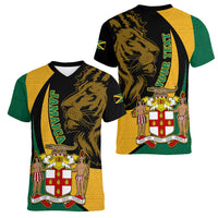 Personalised Jamaica Women V Neck T Shirt Jumieka Coat Of Arms Lion Mix African Pattern - Wonder Print Shop