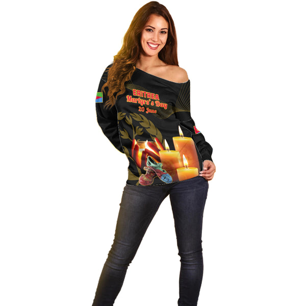 Custom Eritrea Martyrs' Day Off Shoulder Sweater 20 June Shida Shoes With Candles - Black LT14 main image 1