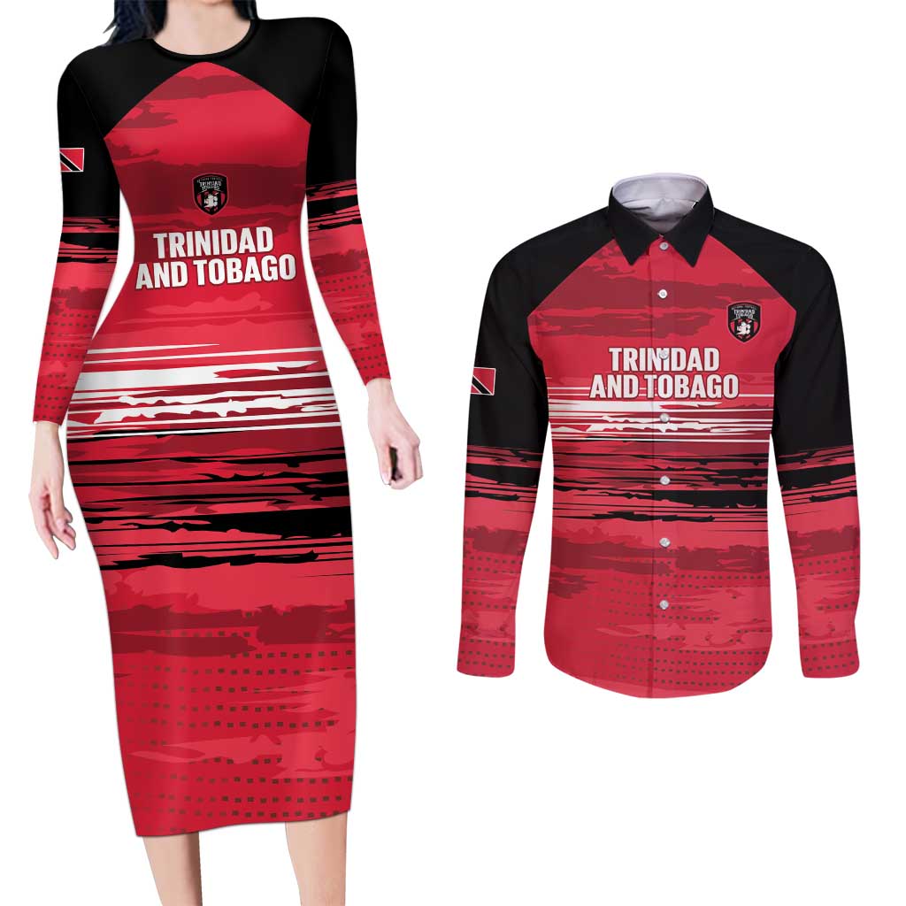 Custom Trinidad and Tobago Football Couples Matching Long Sleeve Bodycon Dress and Long Sleeve Button Shirt 2025 Grunge Version - Wonder Print Shop