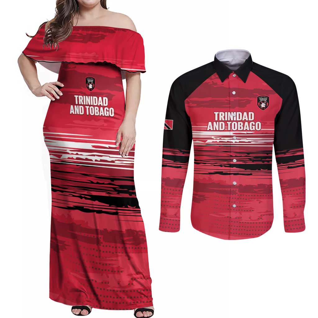 Custom Trinidad and Tobago Football Couples Matching Off Shoulder Maxi Dress and Long Sleeve Button Shirt 2025 Grunge Version - Wonder Print Shop