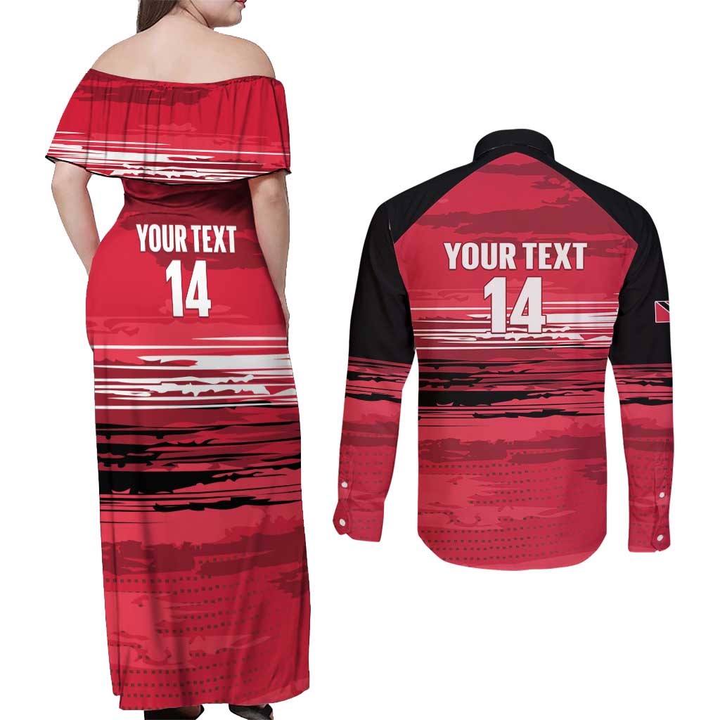 Custom Trinidad and Tobago Football Couples Matching Off Shoulder Maxi Dress and Long Sleeve Button Shirt 2025 Grunge Version - Wonder Print Shop