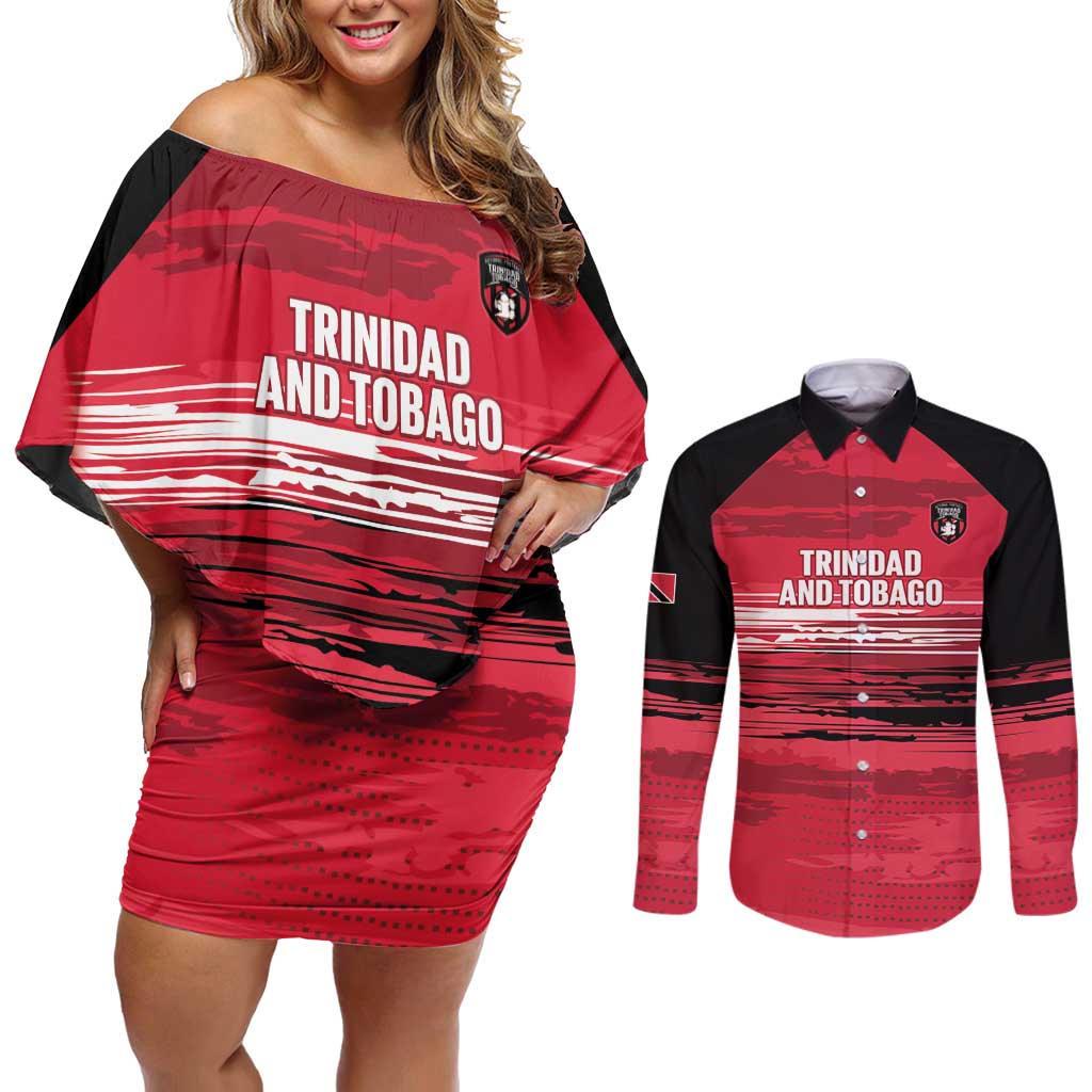 Custom Trinidad and Tobago Football Couples Matching Off Shoulder Short Dress and Long Sleeve Button Shirt 2025 Grunge Version - Wonder Print Shop