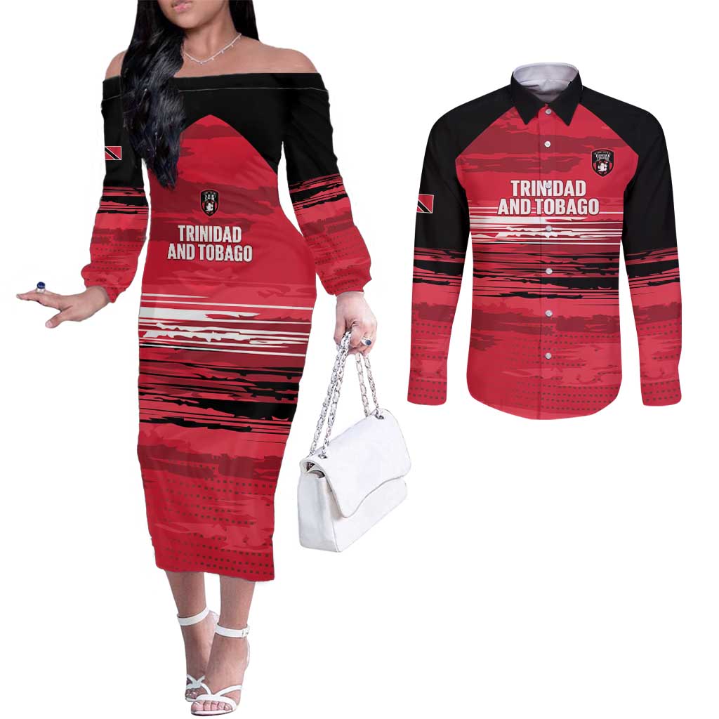 Custom Trinidad and Tobago Football Couples Matching Off The Shoulder Long Sleeve Dress and Long Sleeve Button Shirt 2025 Grunge Version - Wonder Print Shop