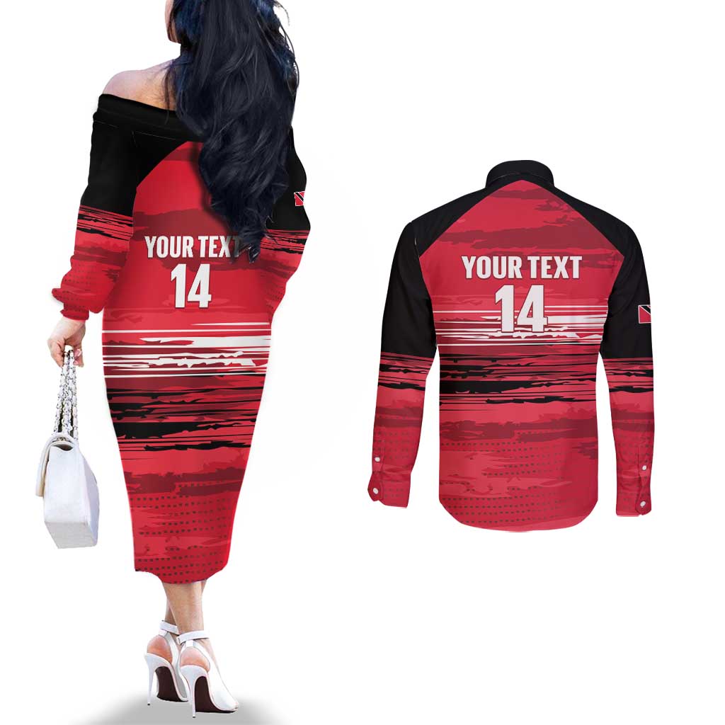 Custom Trinidad and Tobago Football Couples Matching Off The Shoulder Long Sleeve Dress and Long Sleeve Button Shirt 2025 Grunge Version - Wonder Print Shop