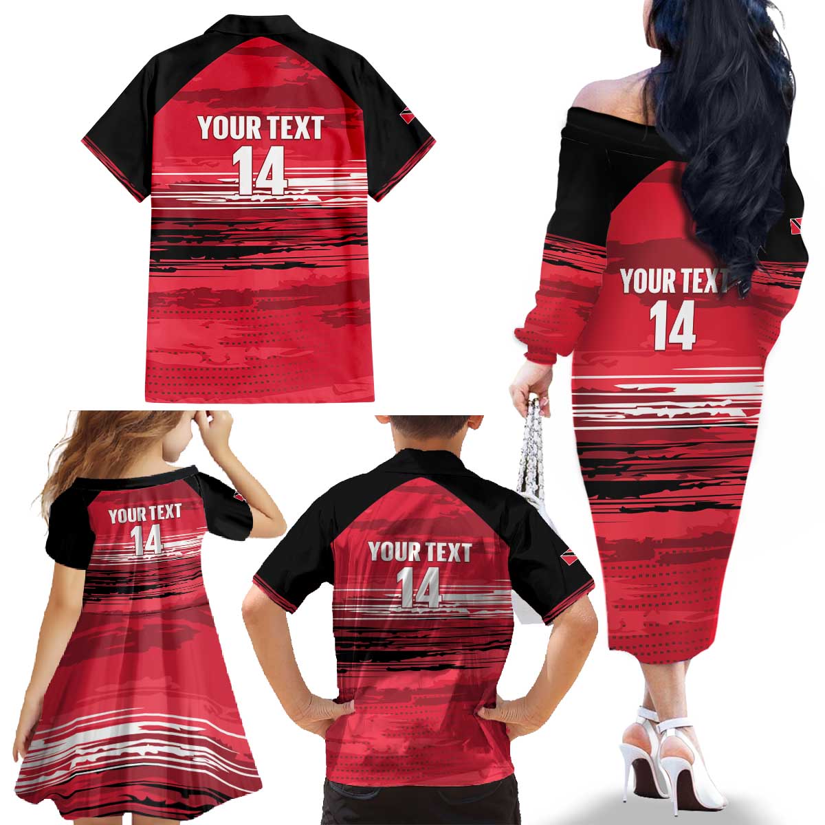 Custom Trinidad and Tobago Football Family Matching Off The Shoulder Long Sleeve Dress and Hawaiian Shirt 2025 Grunge Version - Wonder Print Shop