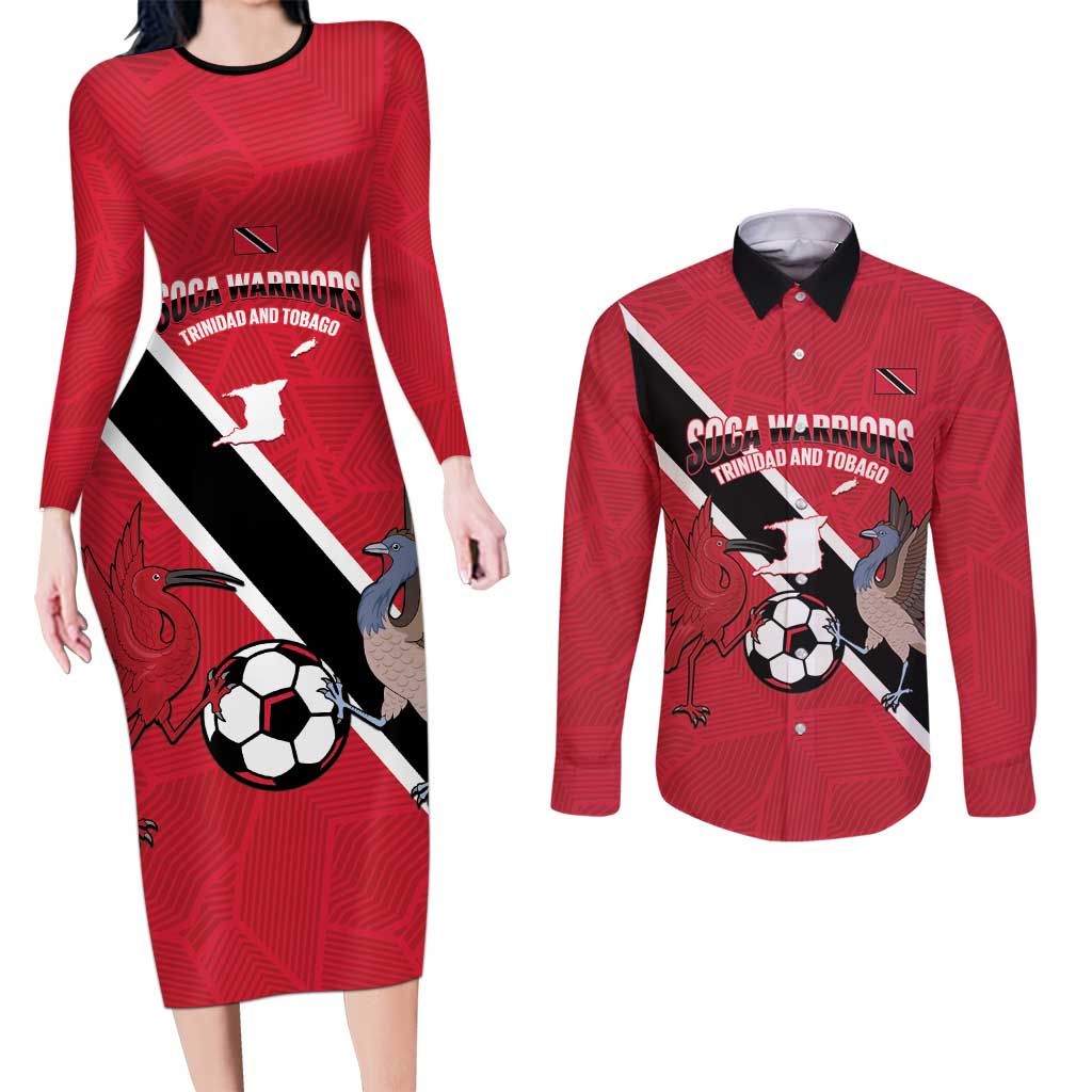Custom Trinidad and Tobago Football Couples Matching Long Sleeve Bodycon Dress and Long Sleeve Button Shirt Come On Soca Warriors - Wonder Print Shop