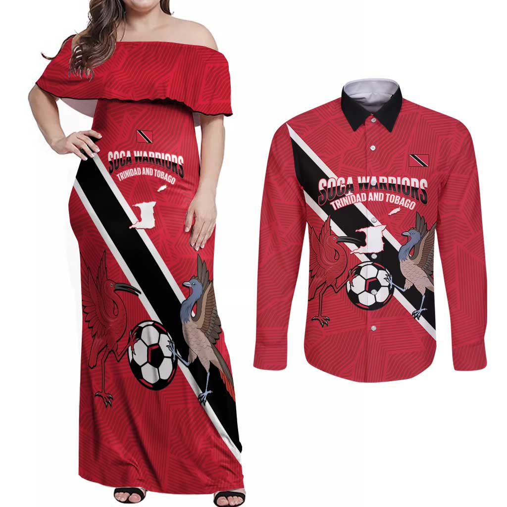 Custom Trinidad and Tobago Football Couples Matching Off Shoulder Maxi Dress and Long Sleeve Button Shirt Come On Soca Warriors - Wonder Print Shop