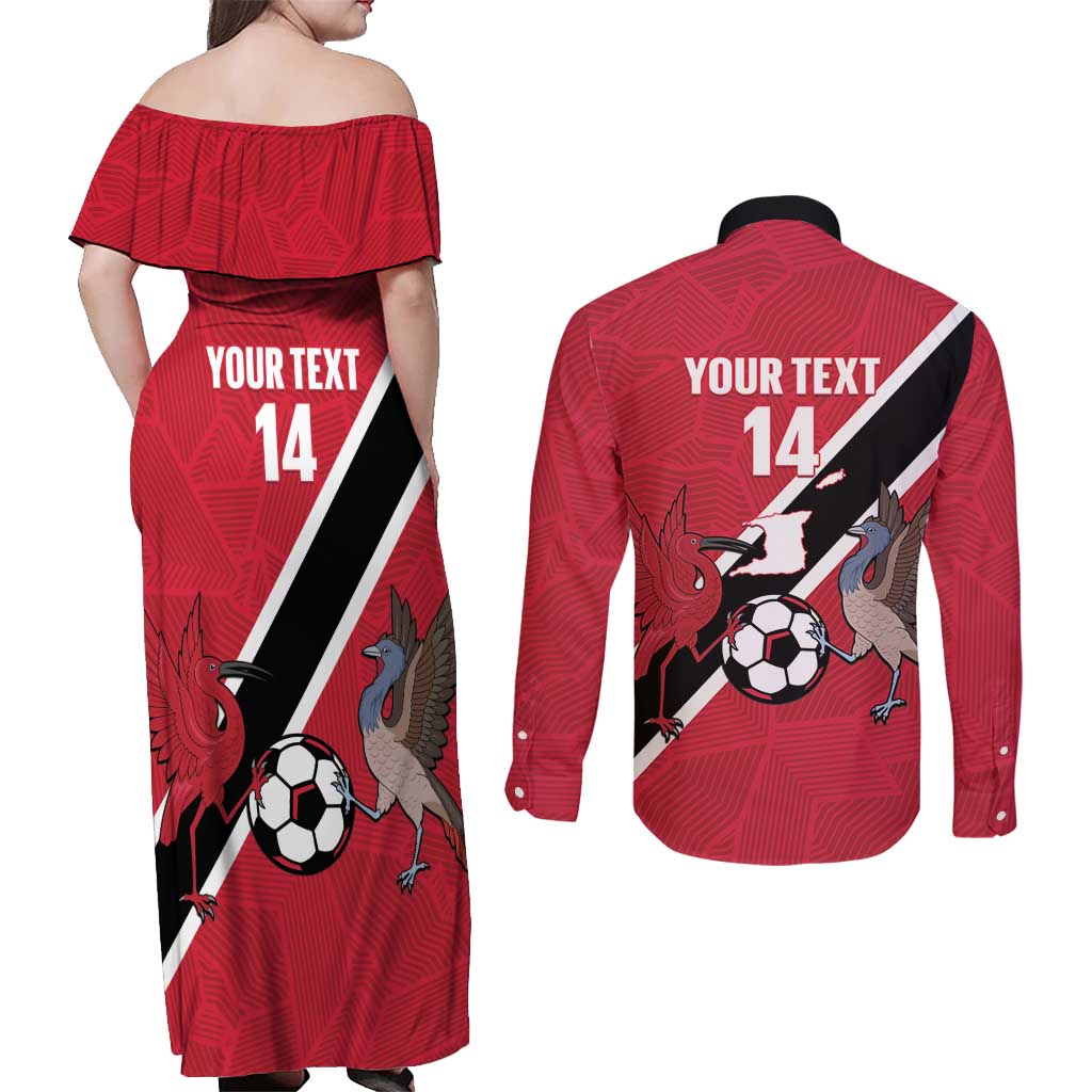 Custom Trinidad and Tobago Football Couples Matching Off Shoulder Maxi Dress and Long Sleeve Button Shirt Come On Soca Warriors - Wonder Print Shop