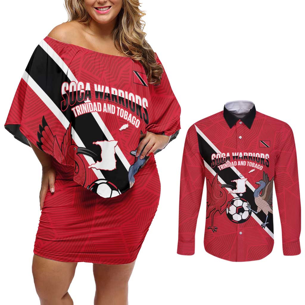 Custom Trinidad and Tobago Football Couples Matching Off Shoulder Short Dress and Long Sleeve Button Shirt Come On Soca Warriors - Wonder Print Shop