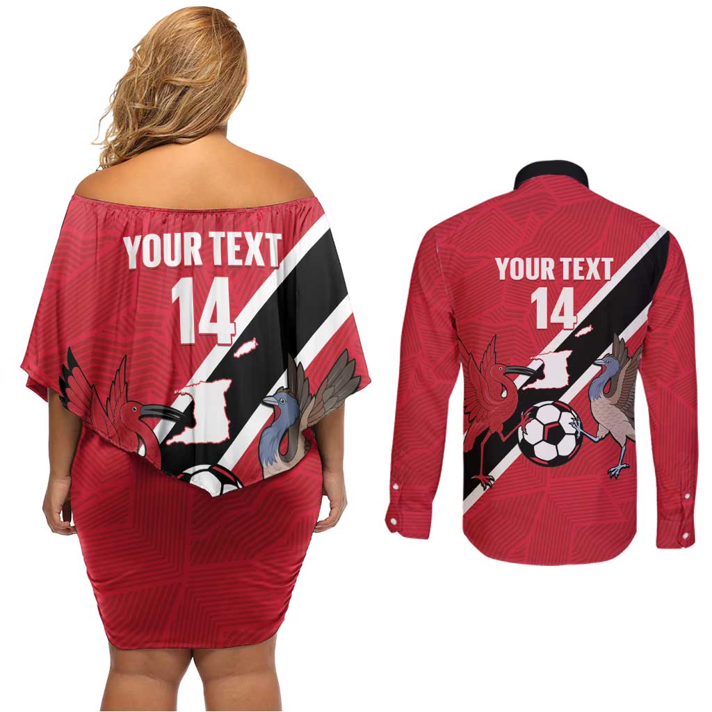 Custom Trinidad and Tobago Football Couples Matching Off Shoulder Short Dress and Long Sleeve Button Shirt Come On Soca Warriors - Wonder Print Shop