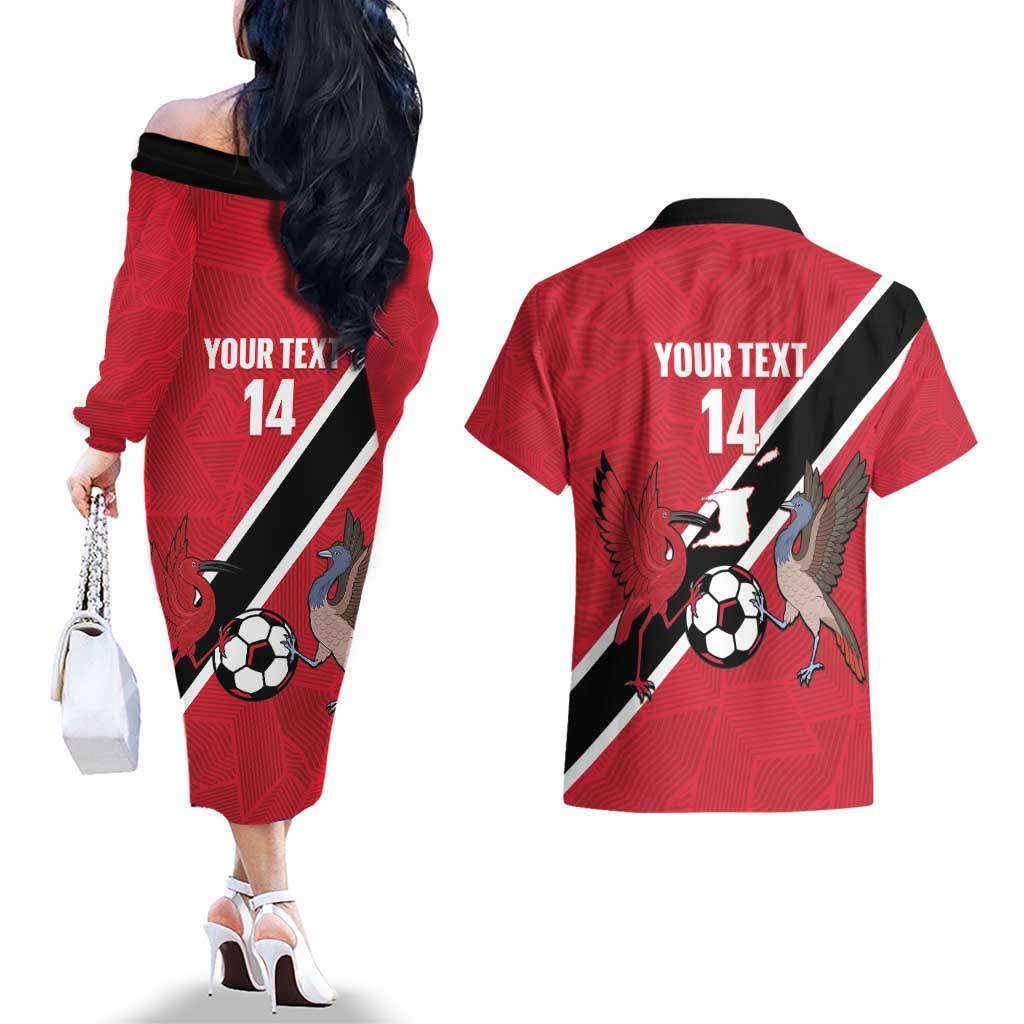 Custom Trinidad and Tobago Football Couples Matching Off The Shoulder Long Sleeve Dress and Hawaiian Shirt Come On Soca Warriors - Wonder Print Shop