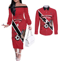 Custom Trinidad and Tobago Football Couples Matching Off The Shoulder Long Sleeve Dress and Long Sleeve Button Shirt Come On Soca Warriors - Wonder Print Shop
