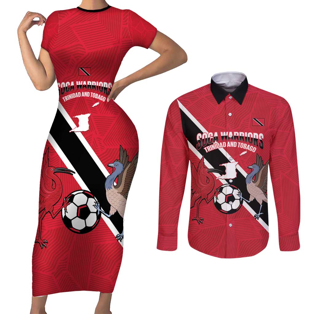 Custom Trinidad and Tobago Football Couples Matching Short Sleeve Bodycon Dress and Long Sleeve Button Shirt Come On Soca Warriors - Wonder Print Shop