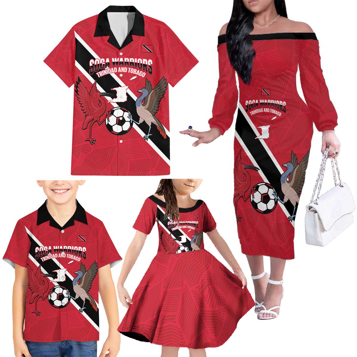 Custom Trinidad and Tobago Football Family Matching Off The Shoulder Long Sleeve Dress and Hawaiian Shirt Come On Soca Warriors - Wonder Print Shop