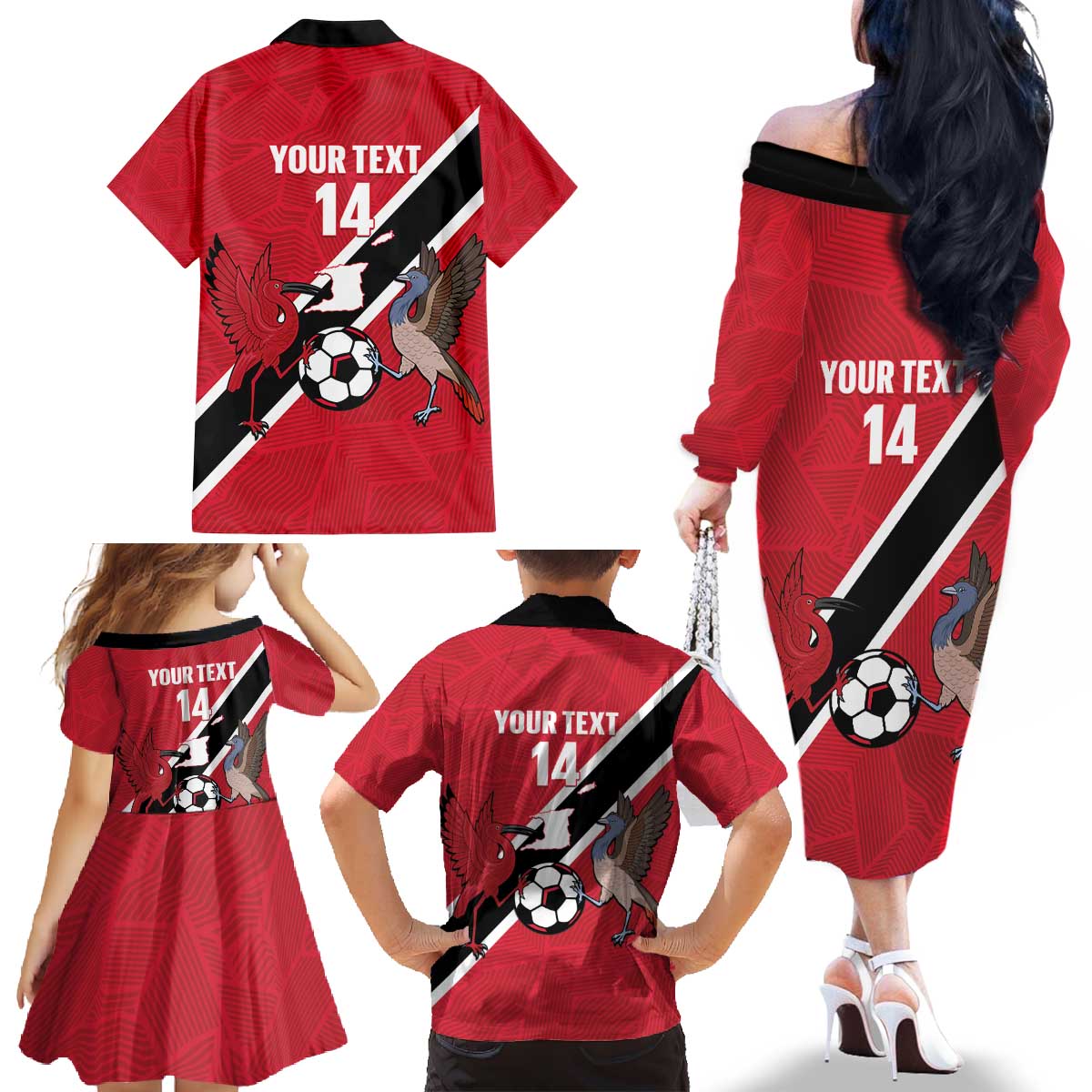 Custom Trinidad and Tobago Football Family Matching Off The Shoulder Long Sleeve Dress and Hawaiian Shirt Come On Soca Warriors - Wonder Print Shop