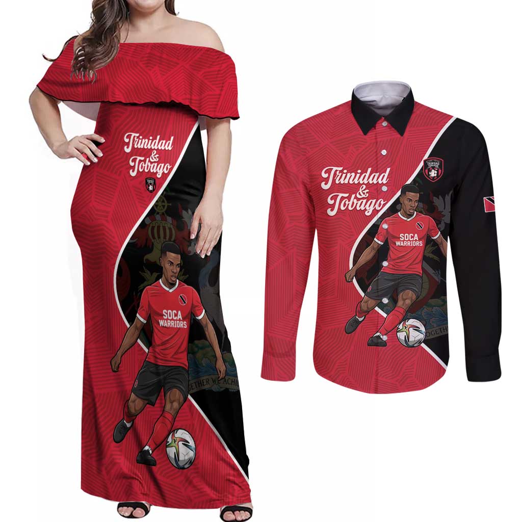 Custom Trinidad and Tobago Football Couples Matching Off Shoulder Maxi Dress and Long Sleeve Button Shirt 2025 Go Champions - Wonder Print Shop