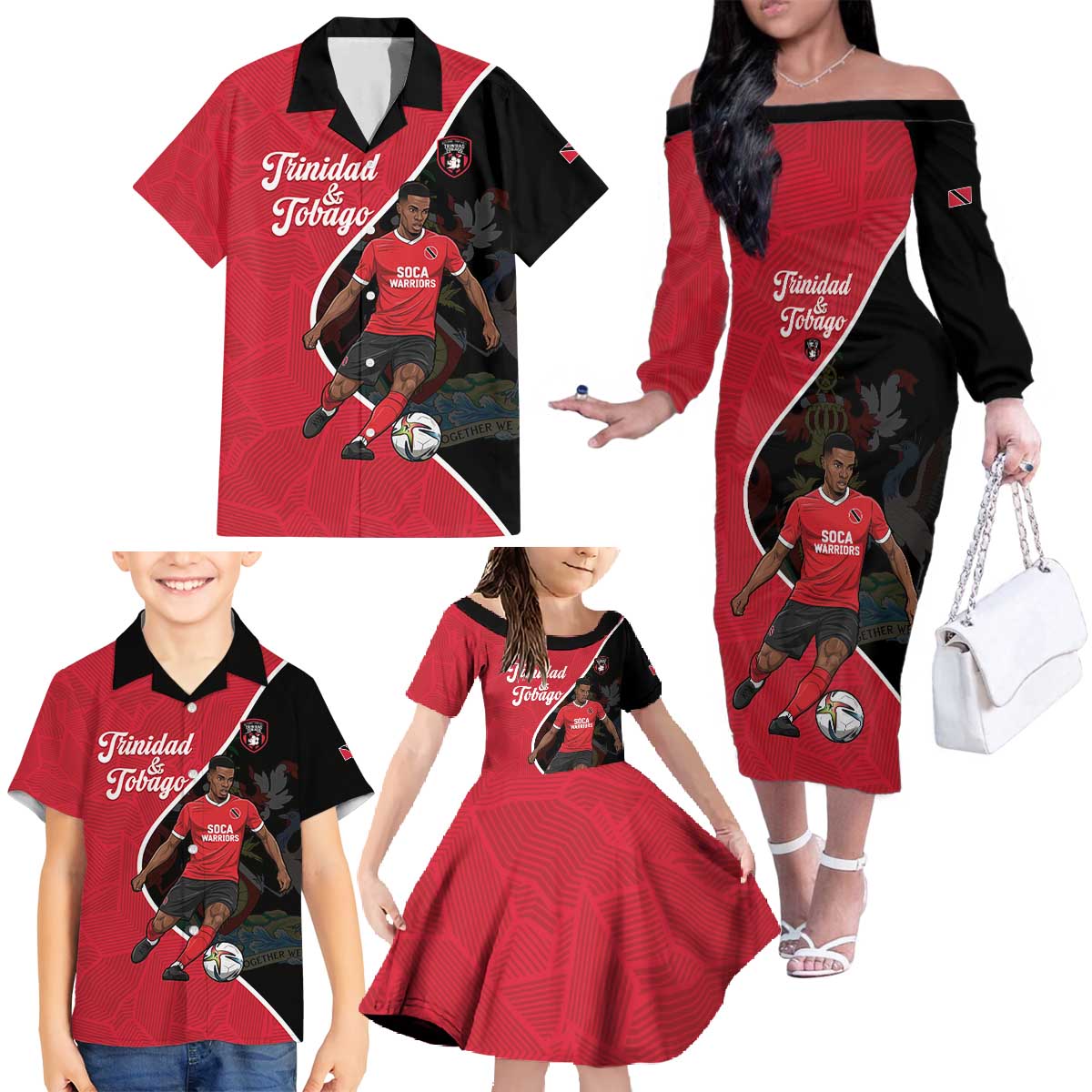 Custom Trinidad and Tobago Football Family Matching Off The Shoulder Long Sleeve Dress and Hawaiian Shirt 2025 Go Champions - Wonder Print Shop