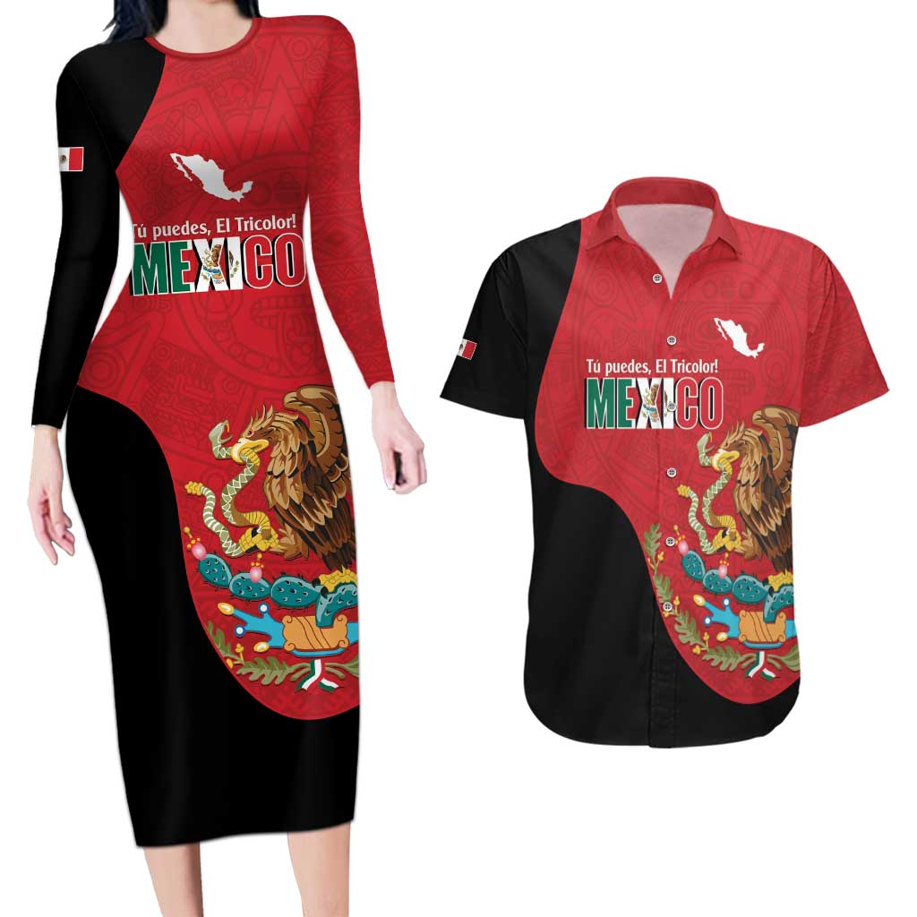 Custom Mexico Football Couples Matching Long Sleeve Bodycon Dress and Hawaiian Shirt Tu Puedes El Tricolor Red - Wonder Print Shop