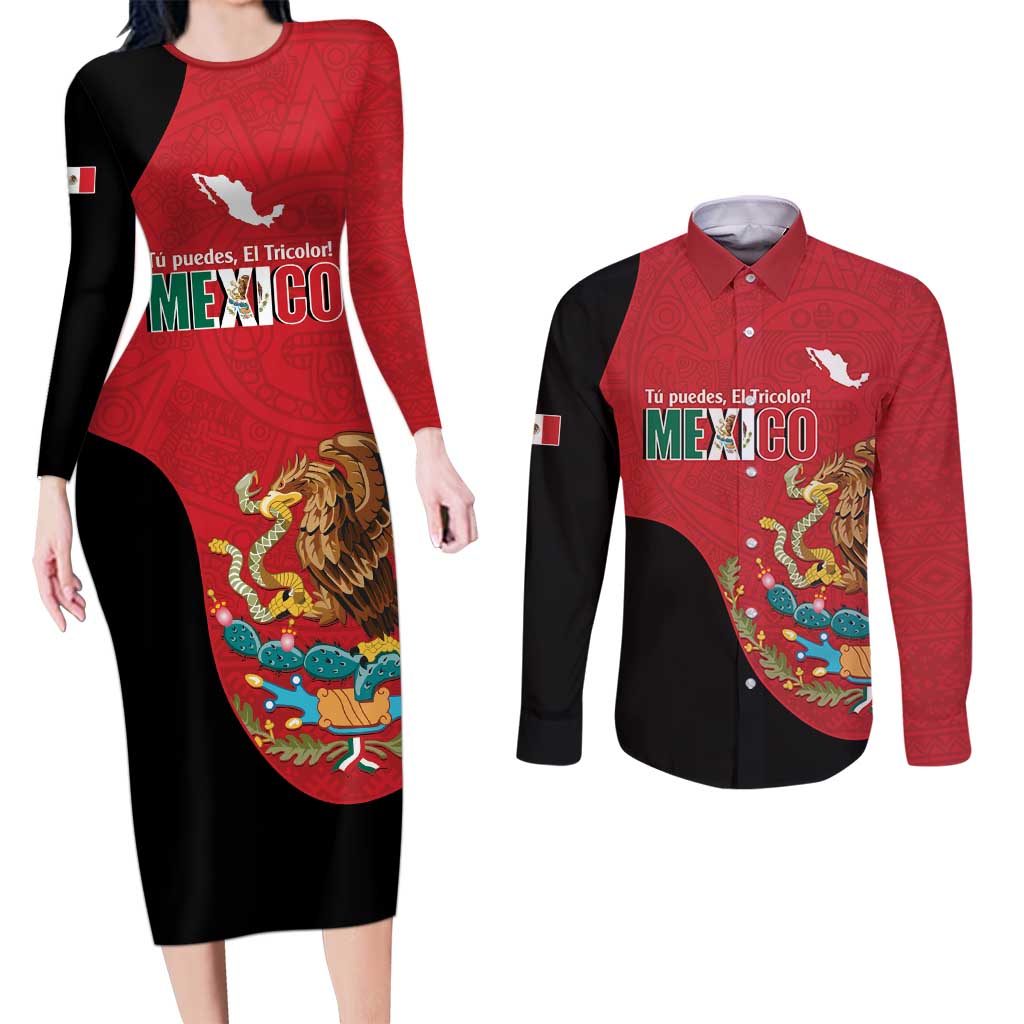 Custom Mexico Football Couples Matching Long Sleeve Bodycon Dress and Long Sleeve Button Shirt Tu Puedes El Tricolor Red - Wonder Print Shop