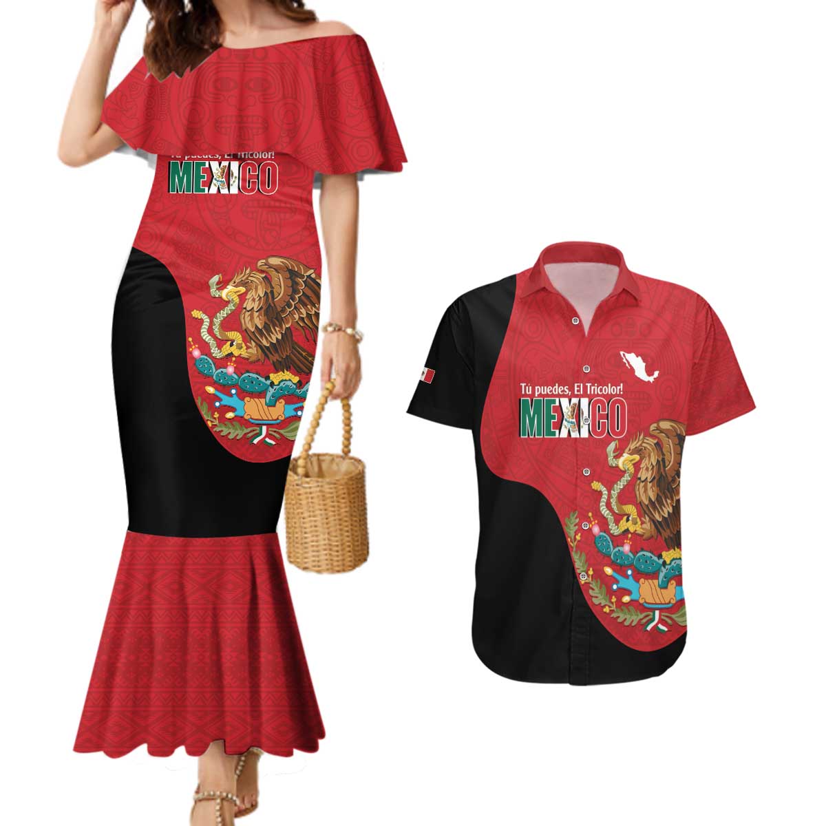 Custom Mexico Football Couples Matching Mermaid Dress and Hawaiian Shirt Tu Puedes El Tricolor Red - Wonder Print Shop