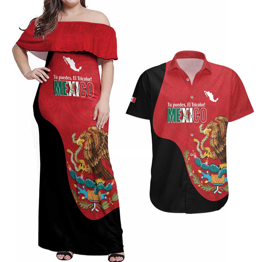 Custom Mexico Football Couples Matching Off Shoulder Maxi Dress and Hawaiian Shirt Tu Puedes El Tricolor Red - Wonder Print Shop