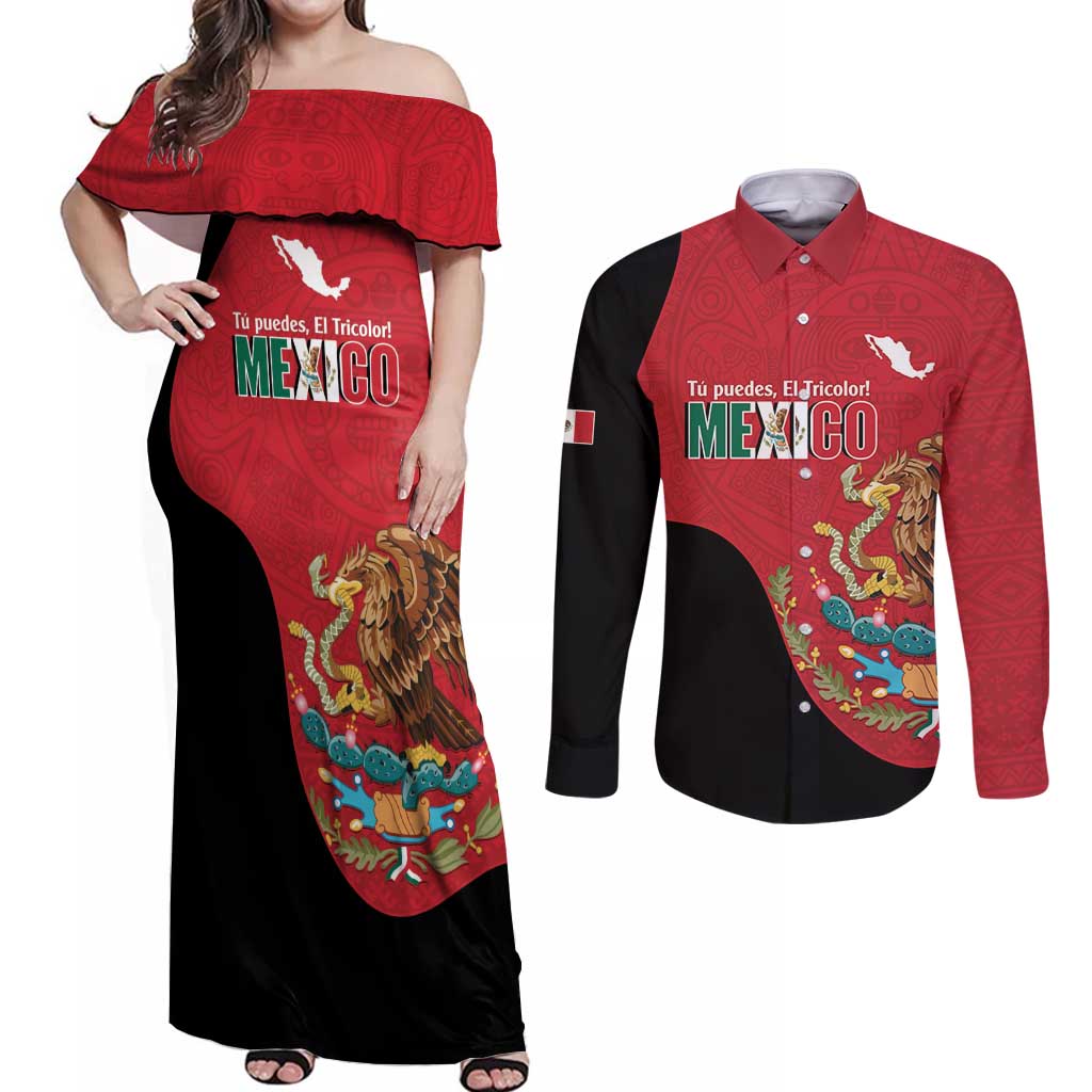 Custom Mexico Football Couples Matching Off Shoulder Maxi Dress and Long Sleeve Button Shirt Tu Puedes El Tricolor Red - Wonder Print Shop