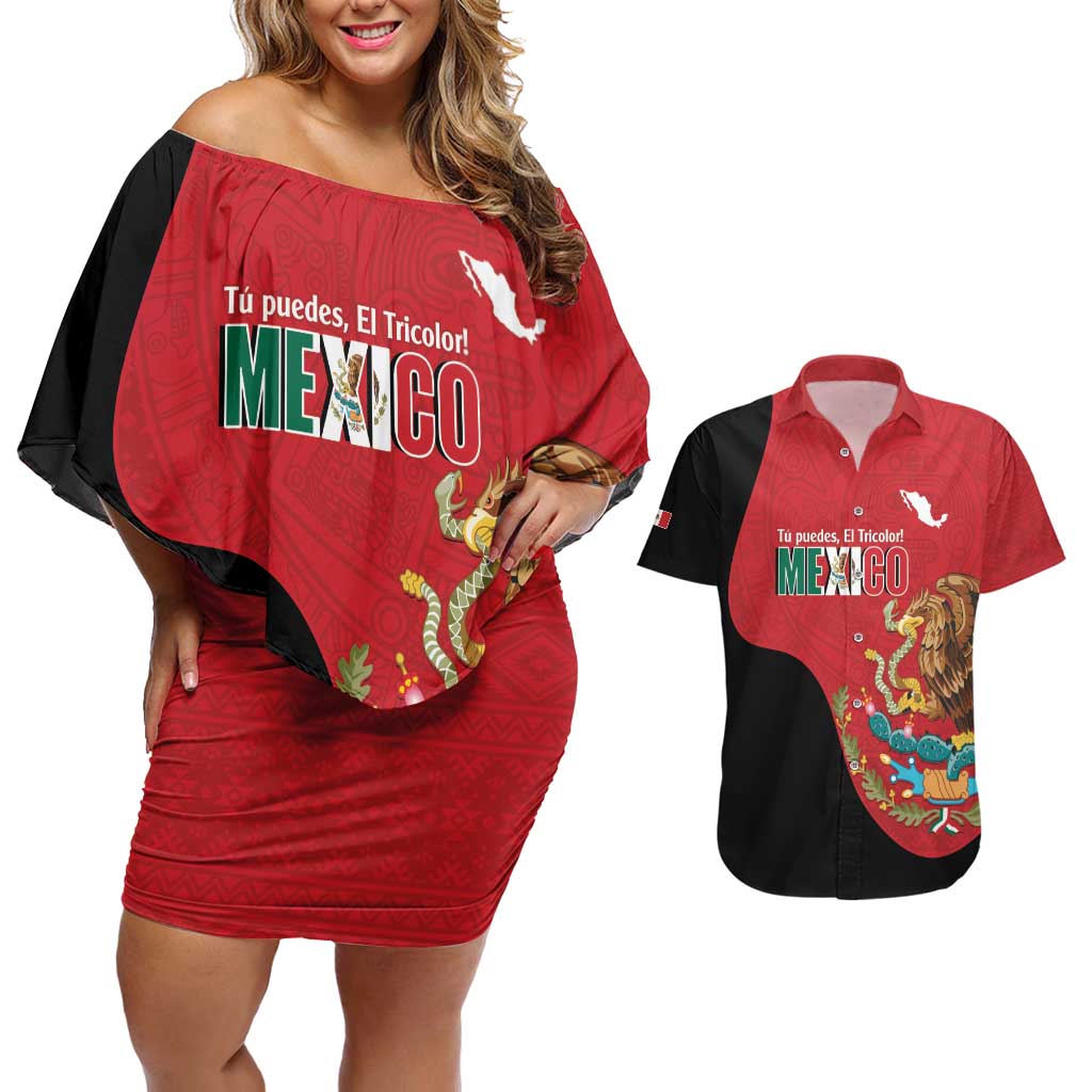 Custom Mexico Football Couples Matching Off Shoulder Short Dress and Hawaiian Shirt Tu Puedes El Tricolor Red - Wonder Print Shop