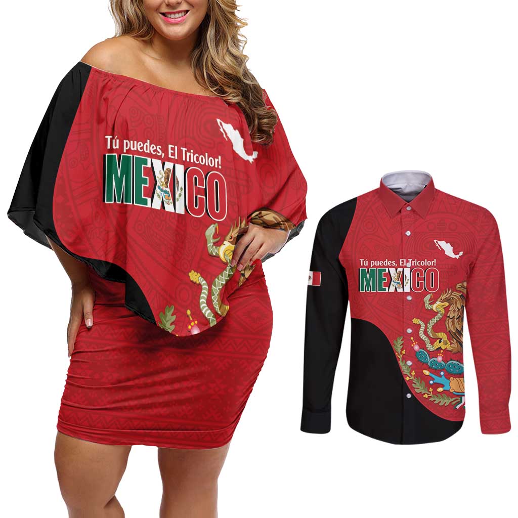 Custom Mexico Football Couples Matching Off Shoulder Short Dress and Long Sleeve Button Shirt Tu Puedes El Tricolor Red - Wonder Print Shop