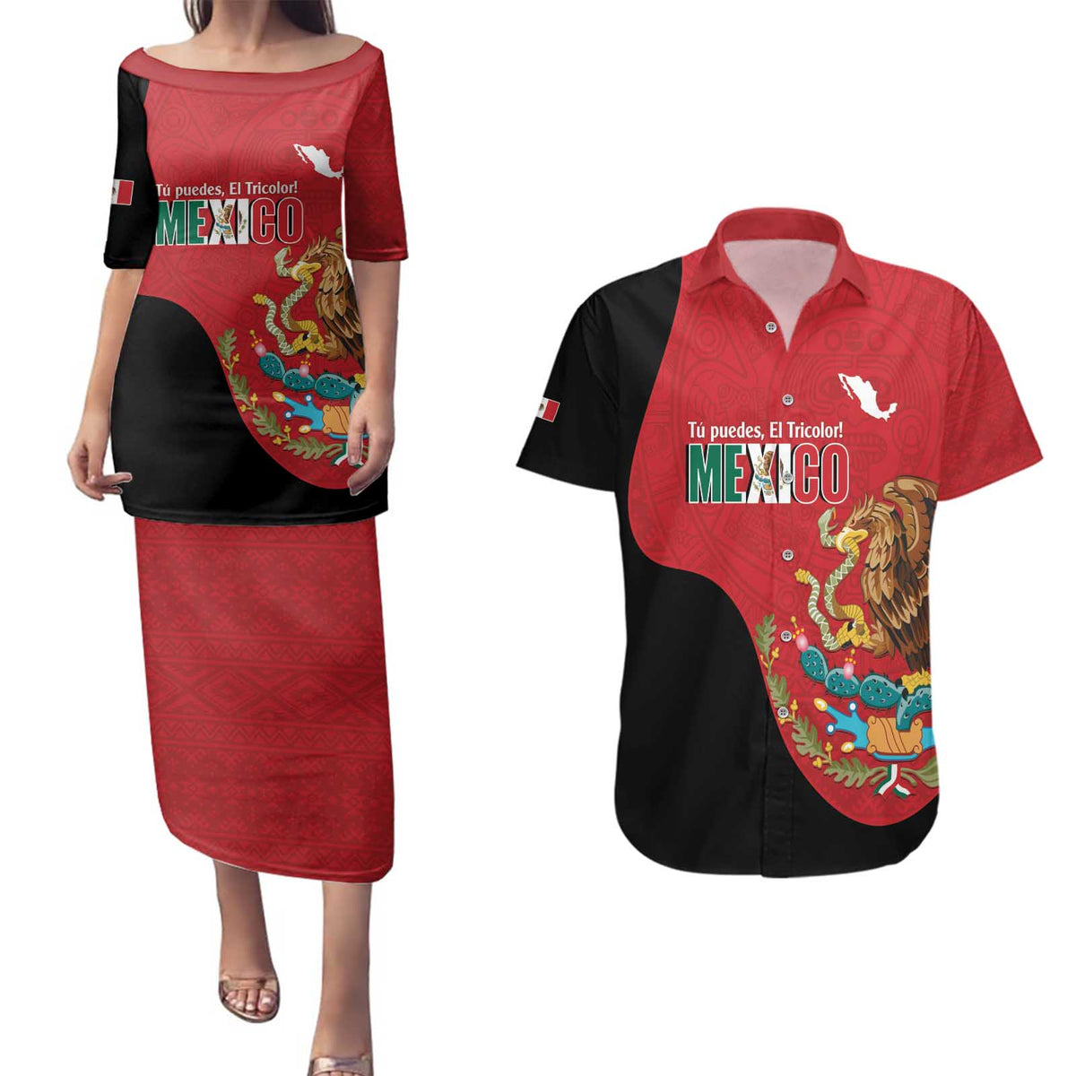 Custom Mexico Football Couples Matching Puletasi and Hawaiian Shirt Tu Puedes El Tricolor Red - Wonder Print Shop