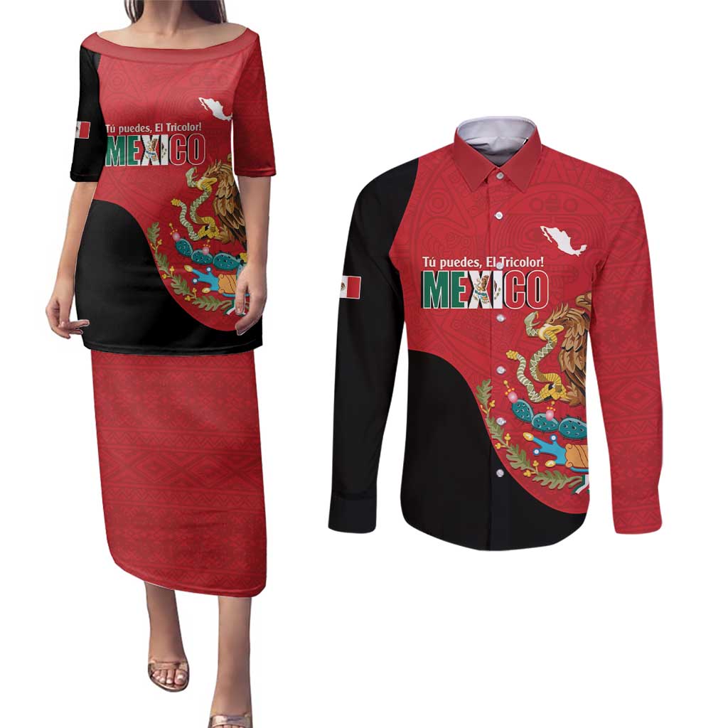 Custom Mexico Football Couples Matching Puletasi and Long Sleeve Button Shirt Tu Puedes El Tricolor Red - Wonder Print Shop