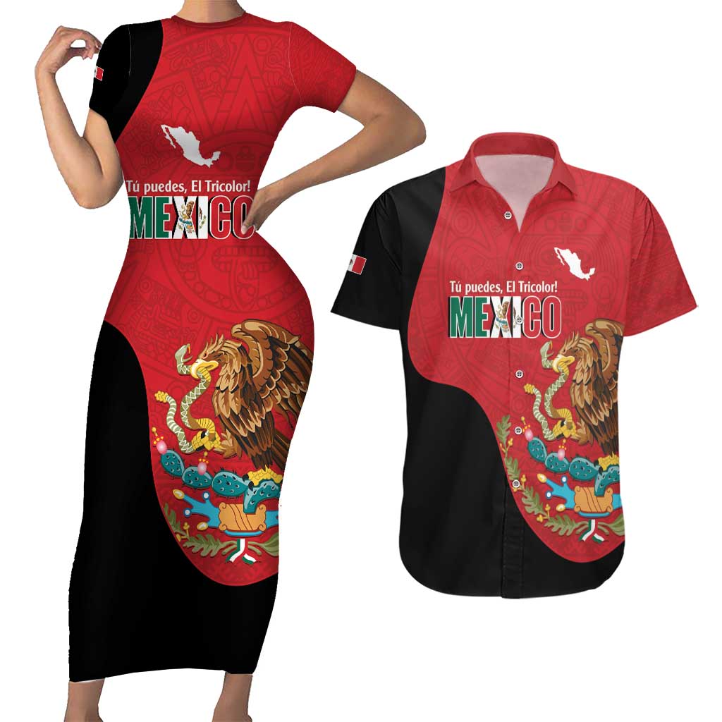 Custom Mexico Football Couples Matching Short Sleeve Bodycon Dress and Hawaiian Shirt Tu Puedes El Tricolor Red - Wonder Print Shop