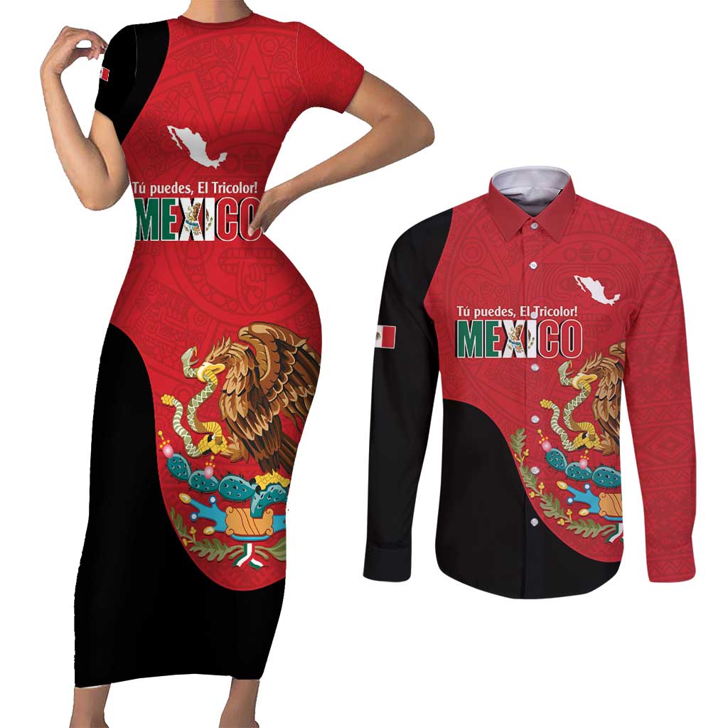 Custom Mexico Football Couples Matching Short Sleeve Bodycon Dress and Long Sleeve Button Shirt Tu Puedes El Tricolor Red - Wonder Print Shop