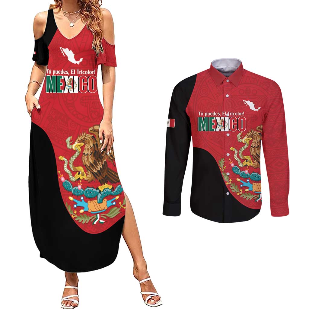Custom Mexico Football Couples Matching Summer Maxi Dress and Long Sleeve Button Shirt Tu Puedes El Tricolor Red - Wonder Print Shop