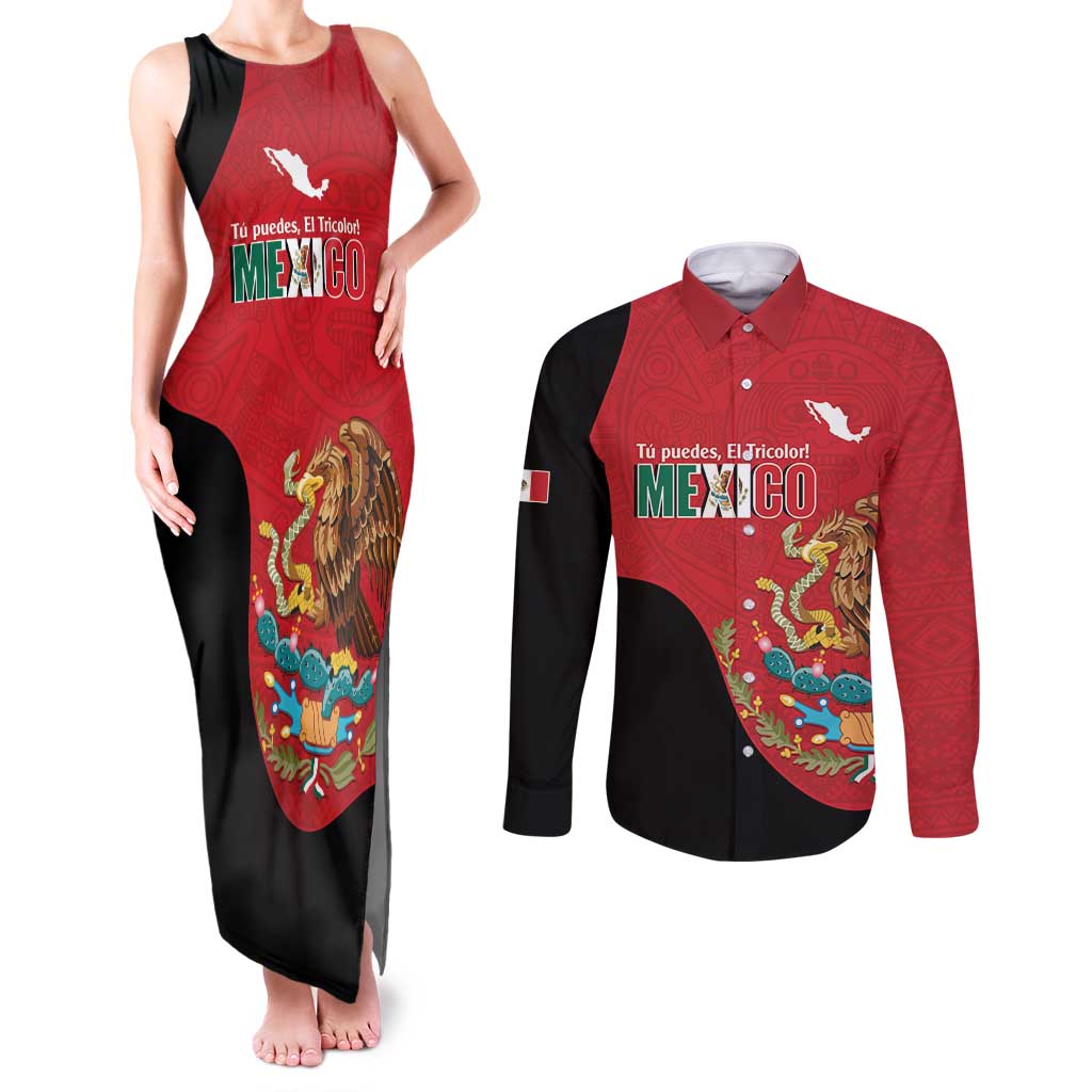 Custom Mexico Football Couples Matching Tank Maxi Dress and Long Sleeve Button Shirt Tu Puedes El Tricolor Red - Wonder Print Shop