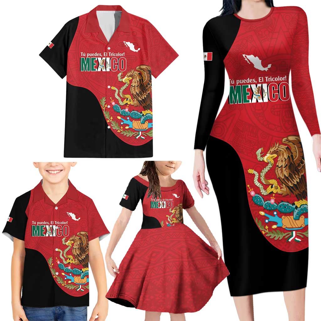 Custom Mexico Football Family Matching Long Sleeve Bodycon Dress and Hawaiian Shirt Tu Puedes El Tricolor Red - Wonder Print Shop