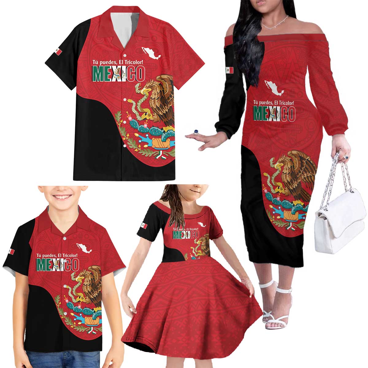 Custom Mexico Football Family Matching Off The Shoulder Long Sleeve Dress and Hawaiian Shirt Tu Puedes El Tricolor Red - Wonder Print Shop