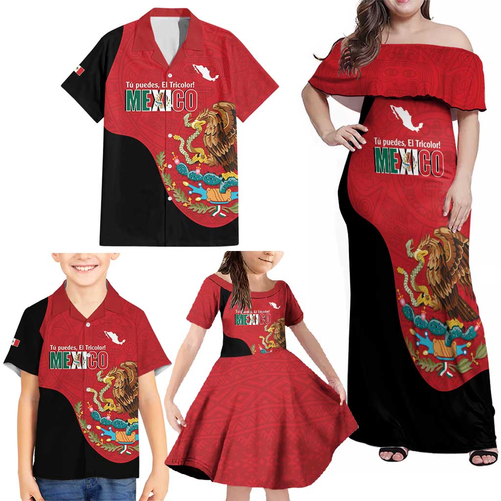 Custom Mexico Football Family Matching Off Shoulder Maxi Dress and Hawaiian Shirt Tu Puedes El Tricolor Red - Wonder Print Shop