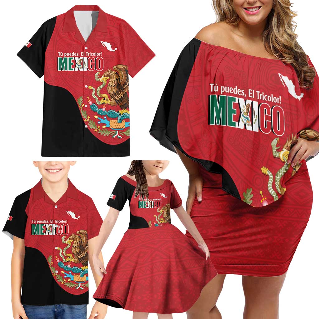 Custom Mexico Football Family Matching Off Shoulder Short Dress and Hawaiian Shirt Tu Puedes El Tricolor Red - Wonder Print Shop