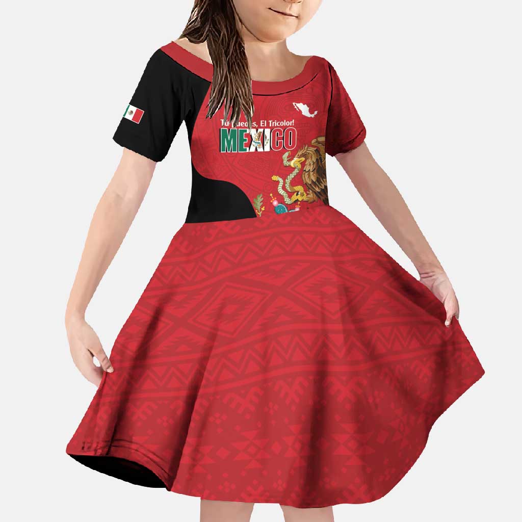 Custom Mexico Football Family Matching Short Sleeve Bodycon Dress and Hawaiian Shirt Tu Puedes El Tricolor Red - Wonder Print Shop