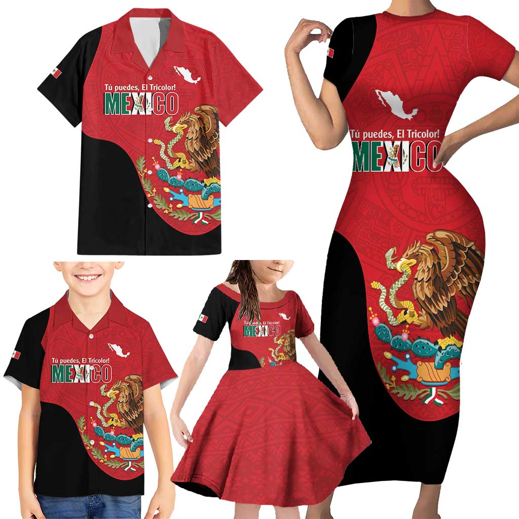 Custom Mexico Football Family Matching Short Sleeve Bodycon Dress and Hawaiian Shirt Tu Puedes El Tricolor Red - Wonder Print Shop