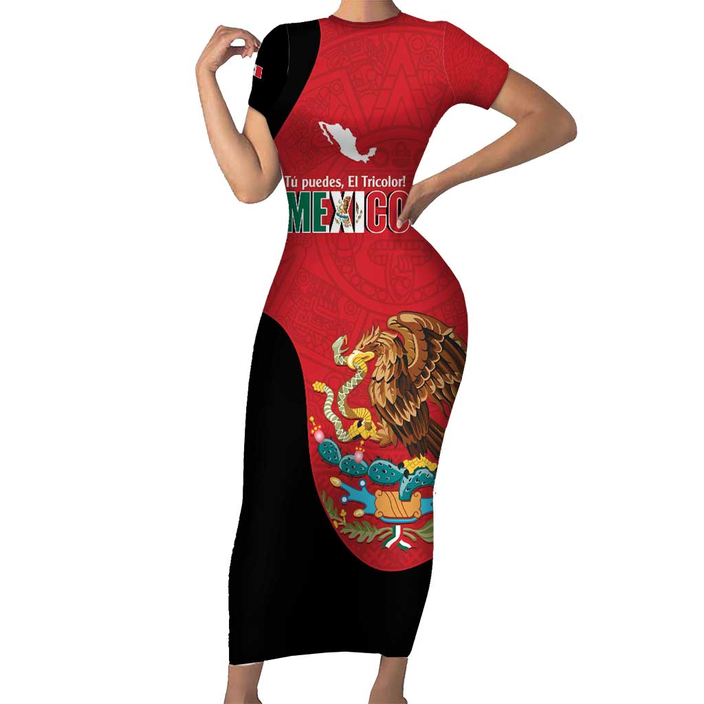 Custom Mexico Football Family Matching Short Sleeve Bodycon Dress and Hawaiian Shirt Tu Puedes El Tricolor Red - Wonder Print Shop