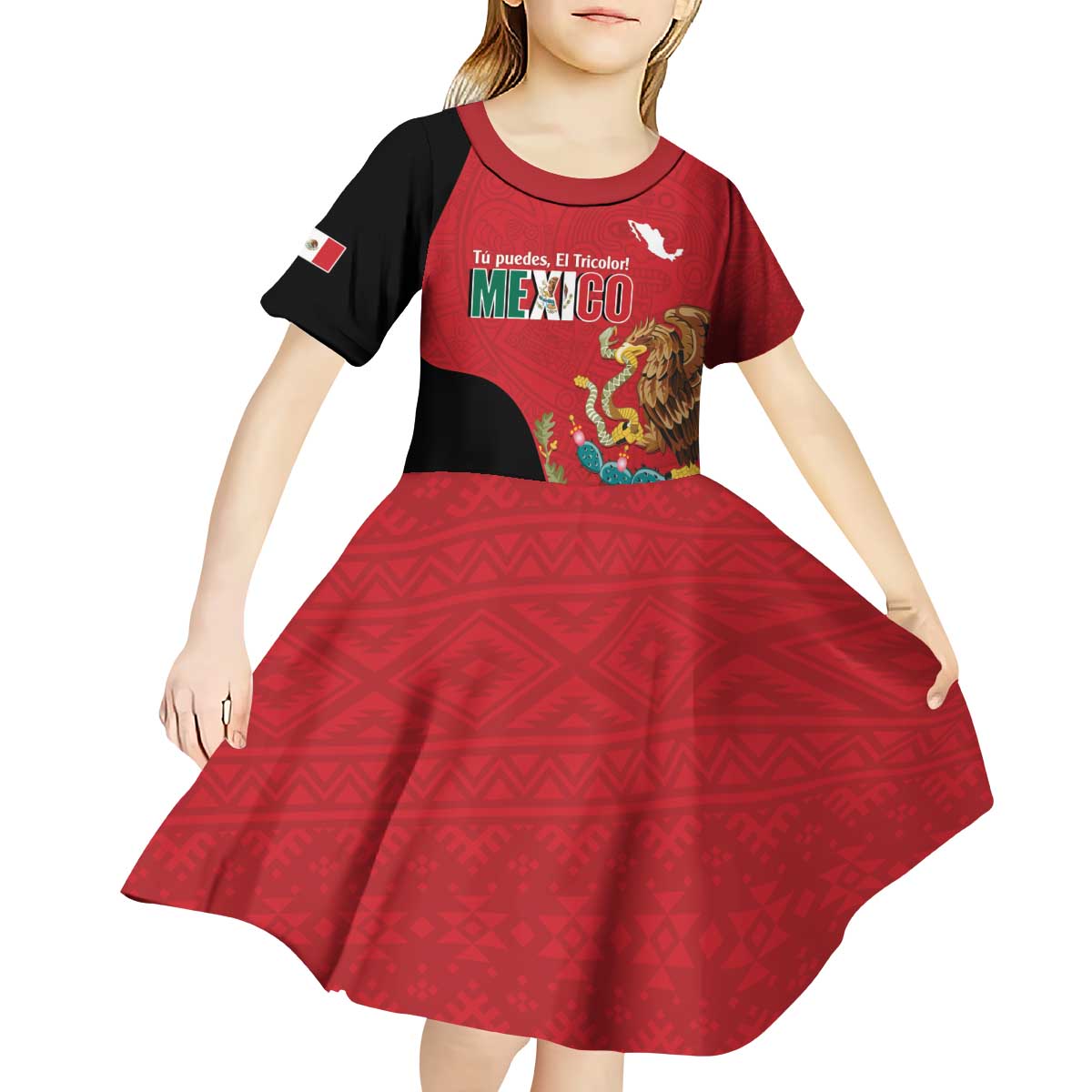 Custom Mexico Football Kid Short Sleeve Dress Tu Puedes El Tricolor Red - Wonder Print Shop