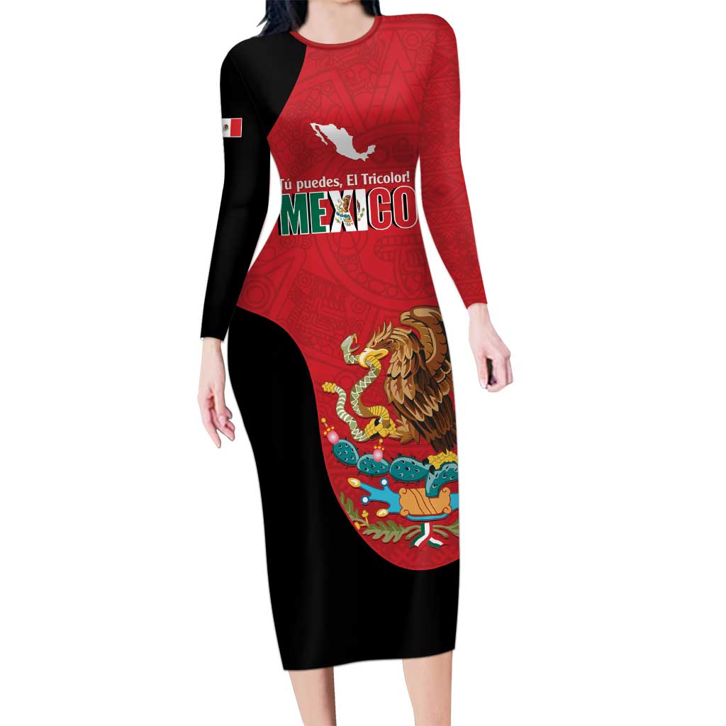 Custom Mexico Football Long Sleeve Bodycon Dress Tu Puedes El Tricolor Red - Wonder Print Shop