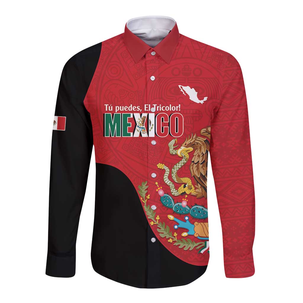 Custom Mexico Football Long Sleeve Button Shirt Tu Puedes El Tricolor Red - Wonder Print Shop