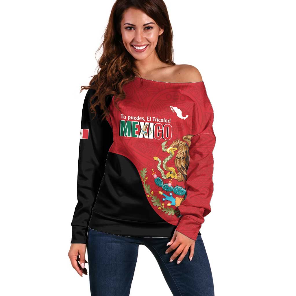 Custom Mexico Football Off Shoulder Sweater Tu Puedes El Tricolor Red - Wonder Print Shop