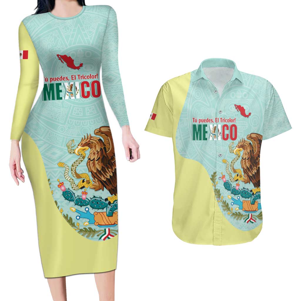 Custom Mexico Football Couples Matching Long Sleeve Bodycon Dress and Hawaiian Shirt Tu Puedes El Tricolor Cyan - Wonder Print Shop