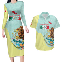 Custom Mexico Football Couples Matching Long Sleeve Bodycon Dress and Hawaiian Shirt Tu Puedes El Tricolor Cyan - Wonder Print Shop