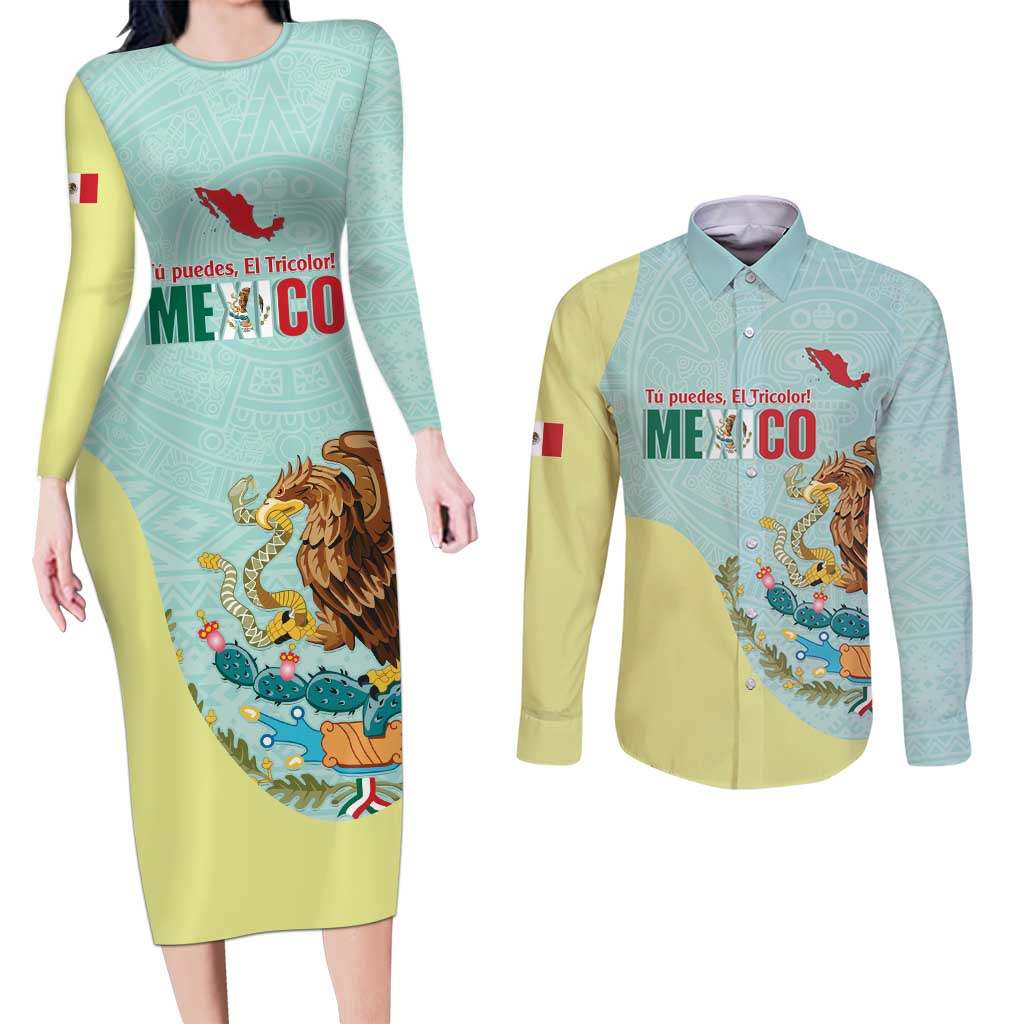 Custom Mexico Football Couples Matching Long Sleeve Bodycon Dress and Long Sleeve Button Shirt Tu Puedes El Tricolor Cyan - Wonder Print Shop