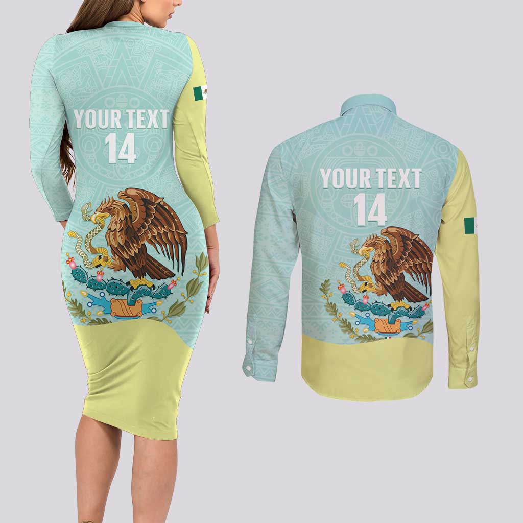 Custom Mexico Football Couples Matching Long Sleeve Bodycon Dress and Long Sleeve Button Shirt Tu Puedes El Tricolor Cyan - Wonder Print Shop