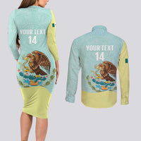 Custom Mexico Football Couples Matching Long Sleeve Bodycon Dress and Long Sleeve Button Shirt Tu Puedes El Tricolor Cyan - Wonder Print Shop